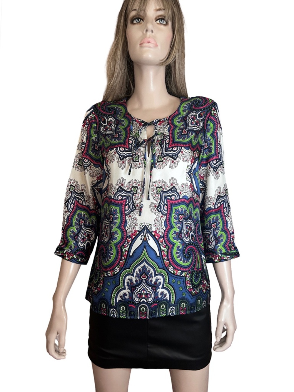Talbots 100% Silk Blouse Vivid Medallion Pattern ¾ Sleeve Keyhole Tie Neck NWOT